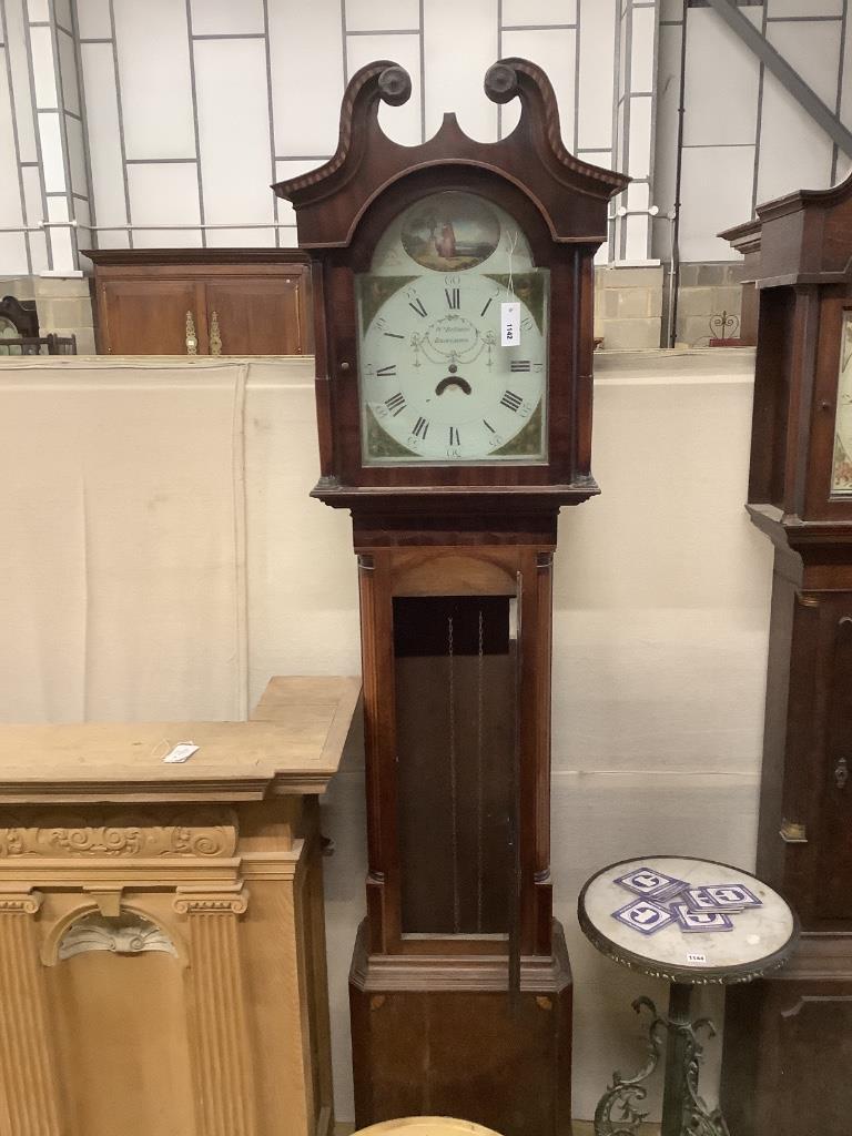 An early 19th century inlaid oak eight day longcase clock with painted dial marked William Bellman of Broughton, height 224cm
